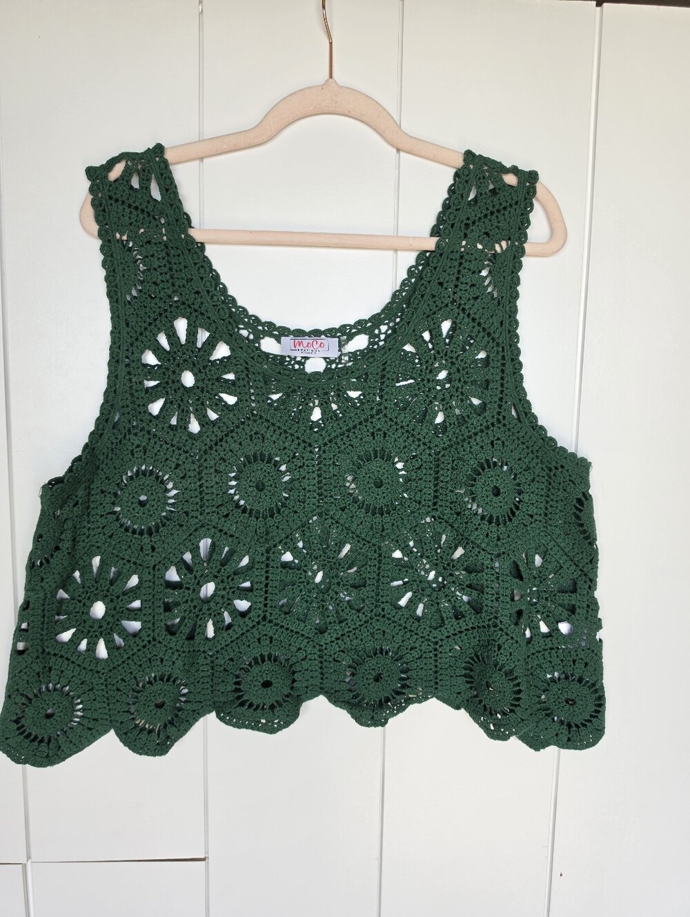 MoCo Boutique Green Cotton Crochet Crop Top Boho Festival Sleeveless Tank